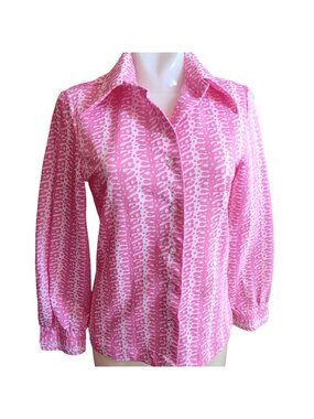 True Vintage Blouse Medium 10 Abstract Print Pink White Button-Up 1960's Mod